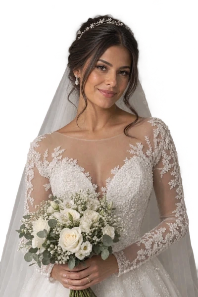 Noiva com véu, penteado e buquê de flores