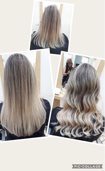 Resultado de Mega Hair de Queratina — antes e depois em três ângulos