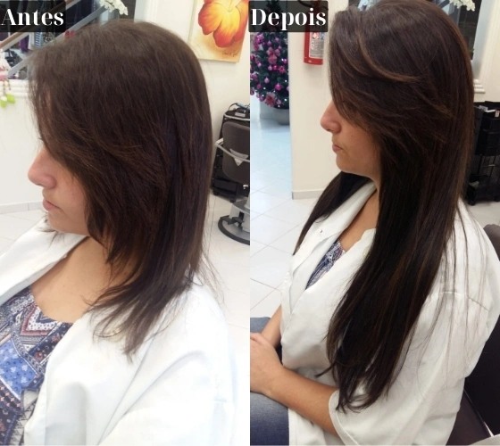 Resultado de Mega Hair — antes e depois, cabelo castanho liso