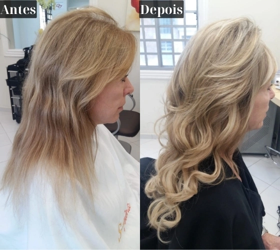Resultado de Mega Hair — antes e depois, cabelo loiro cacheado