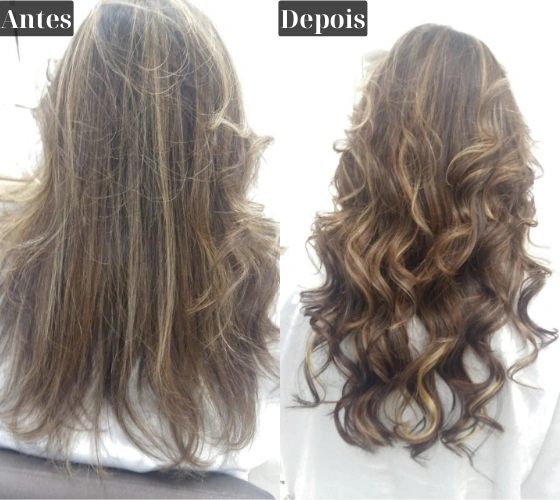 Resultado de Mega Hair — antes e depois, cabelo castanho cacheado, vista de costas