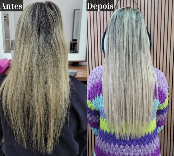 Resultado de Mega Hair — antes e depois, cabelo loiro liso, vista de costas