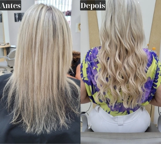 Resultado de Mega Hair — antes e depois, cabelo loiro ondulado, vista de costas