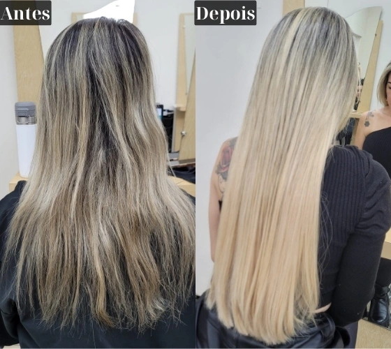 Resultado de Mega Hair — antes e depois, cabelo loiro liso, vista de costas