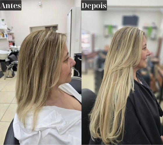 Resultado de Mega Hair — antes e depois, cabelo loiro liso