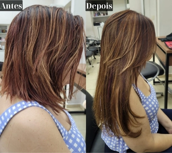 Resultado de Mega Hair — antes e depois, cabelo com mechas