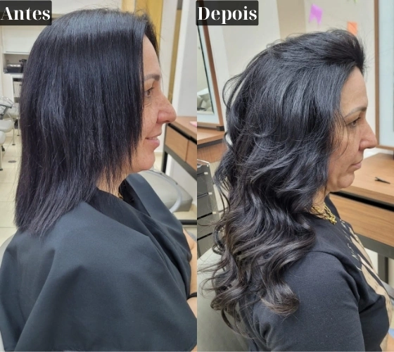 Resultado de Mega Hair — antes e depois, cabelo escuro cacheado