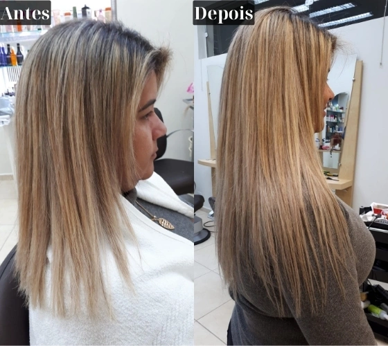 Resultado de Mega Hair — antes e depois, cabelo loiro liso longo
