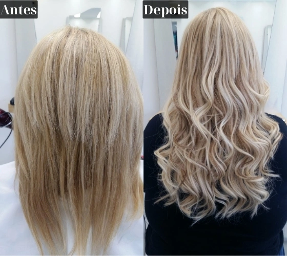 Resultado de Mega Hair — antes e depois, cabelo loiro cacheado, vista de costas