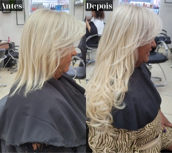 Resultado de Mega Hair — antes e depois, cabelo loiro platinado cacheado