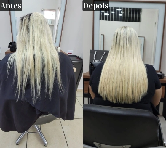 Resultado de Mega Hair — antes e depois, cabelo loiro liso, vista de costas