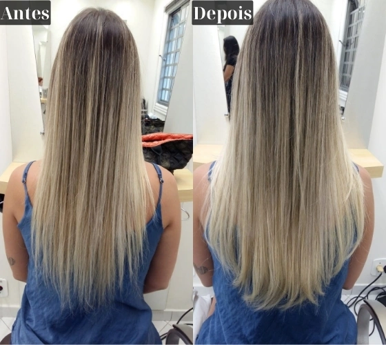 Resultado de Mega Hair — antes e depois, cabelo loiro degradê, vista de costas